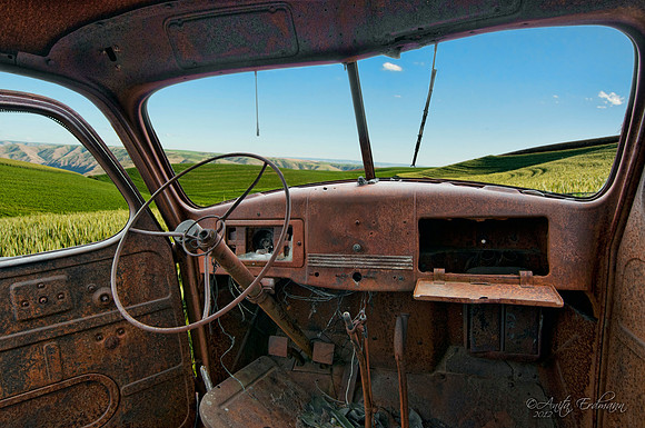 11Aug2012This was shot during a photo workshop with Jack Lien in the Palouse, Washington in the spring of 2012.The rolling hills of the Palouse, Washington as seen from the inside of an abandoned Inte