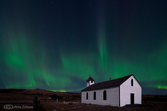 Northern Lights over McDougall Church near Morley, Alberta.  09 September 2011
